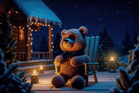 Concept illustration of a tiny bear sitting on a wooden chair by the fire with a cup of hot chocolate, starry night, magic snow background. Generative AIの素材