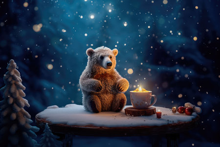 Concept illustration of a tiny bear sitting on a wooden chair by the fire with a cup of hot chocolate, starry night, magic snow background. Generative AIの素材