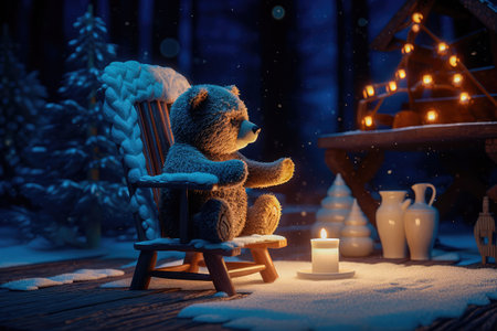 Concept illustration of a tiny bear sitting on a wooden chair by the fire with a cup of hot chocolate, starry night, magic snow background. Generative AIの素材