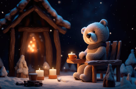 Concept illustration of a tiny bear sitting on a wooden chair by the fire with a cup of hot chocolate, starry night, magic snow background. Generative AIの素材