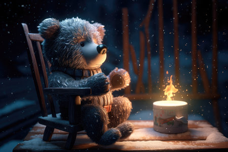 Concept illustration of a tiny bear sitting on a wooden chair by the fire with a cup of hot chocolate, starry night, magic snow background. Generative AIの素材