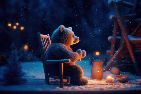 Concept illustration of a tiny bear sitting on a wooden chair by the fire with a cup of hot chocolate, starry night, magic snow background. Generative AIの素材