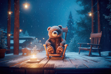 Concept illustration of a tiny bear sitting on a wooden chair by the fire with a cup of hot chocolate, starry night, magic snow background. Generative AIの素材