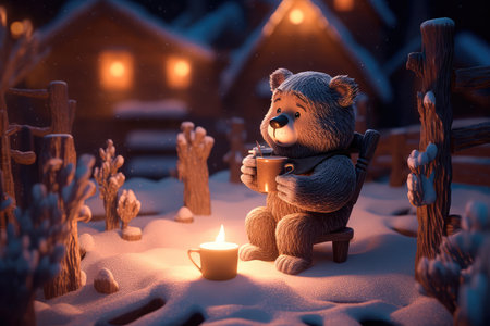 Concept illustration of a tiny bear sitting on a wooden chair by the fire with a cup of hot chocolate, starry night, magic snow background. Generative AIの素材