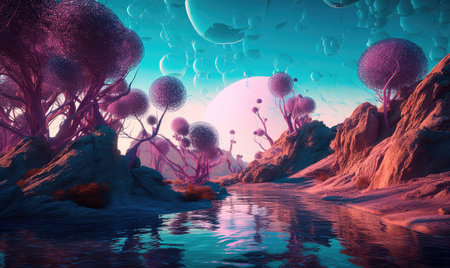 Concept illustration of a magical landscape of a turquoise lake surrounded by mountains, trees and bubbles in a vast alien desert. Generative AIの素材