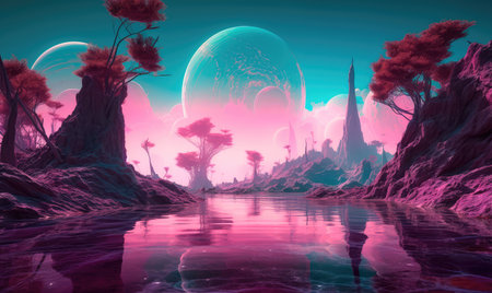 Concept illustration of a magical landscape of a turquoise lake surrounded by mountains, trees and bubbles in a vast alien desert. Generative AIの素材
