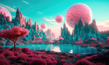 Concept illustration of a magical landscape of a turquoise lake surrounded by mountains, trees and bubbles in a vast alien desert. Generative AIの素材