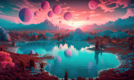 Concept illustration of a magical landscape of a turquoise lake surrounded by mountains, trees and bubbles in a vast alien desert. Generative AIの素材