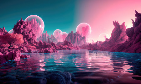 Concept illustration of a magical landscape of a turquoise lake surrounded by mountains, trees and bubbles in a vast alien desert. Generative AIの素材