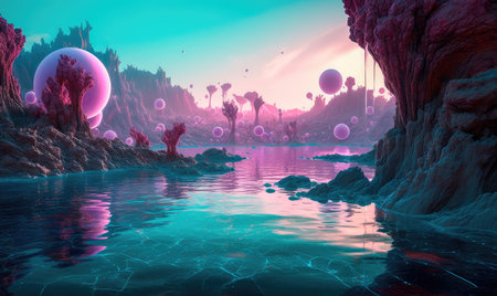 Concept illustration of a magical landscape of a turquoise lake surrounded by mountains, trees and bubbles in a vast alien desert. Generative AIの素材