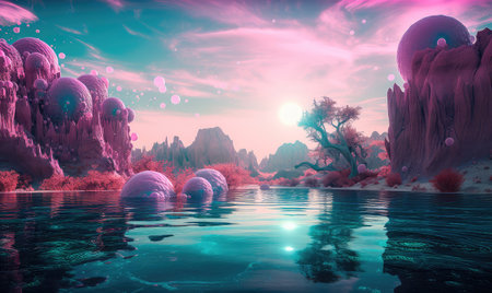 Concept illustration of a magical landscape of a turquoise lake surrounded by mountains, trees and bubbles in a vast alien desert. Generative AIの素材