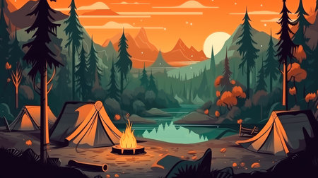 Concept illustration of a campsite with a tent and a campfire in the forest. Summer landscape in nature.の素材
