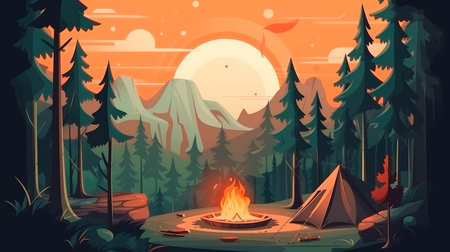 Concept illustration of a campsite with a tent and a campfire in the forest. Summer landscape in nature.の素材