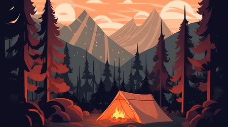Concept illustration of a campsite with a tent and a campfire in the forest. Summer landscape in nature.の素材