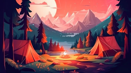 Concept illustration of a campsite with a tent and a campfire in the forest. Summer landscape in nature.の素材