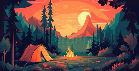 Concept illustration of a campsite with a tent and a campfire in the forest. Summer landscape in nature.の素材