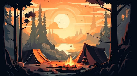 Concept illustration of a campsite with a tent and a campfire in the forest. Summer landscape in nature.の素材
