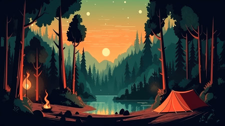 Concept illustration of a campsite with a tent and a campfire in the forest. Summer landscape in nature.の素材
