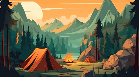 Concept illustration of a campsite with a tent and a campfire in the forest. Summer landscape in nature.の素材