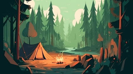 Concept illustration of a campsite with a tent and a campfire in the forest. Summer landscape in nature.の素材