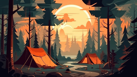 Concept illustration of a campsite with a tent and a campfire in the forest. Summer landscape in nature.の素材