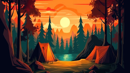 Concept illustration of a campsite with a tent and a campfire in the forest. Summer landscape in nature.の素材