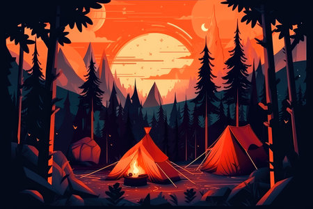 Concept illustration of a campsite with a tent and a campfire in the forest. Summer landscape in nature.の素材