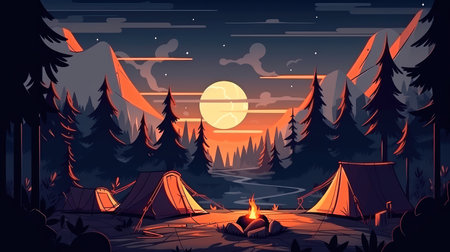 Concept illustration of a campsite with a tent and a campfire in the forest. Summer landscape in nature.の素材