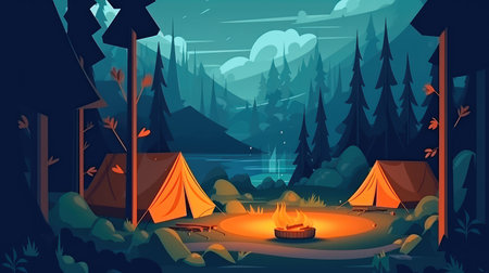 Concept illustration of a campsite with a tent and a campfire in the forest. Summer landscape in nature.の素材