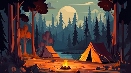 Concept illustration of a campsite with a tent and a campfire in the forest. Summer landscape in nature.の素材