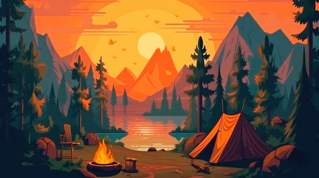 Concept illustration of a campsite with a tent and a campfire in the forest. Summer landscape in nature.の素材