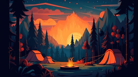 Concept illustration of a campsite with a tent and a campfire in the forest. Summer landscape in nature.の素材