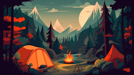 Concept illustration of a campsite with a tent and a campfire in the forest. Summer landscape in nature.の素材