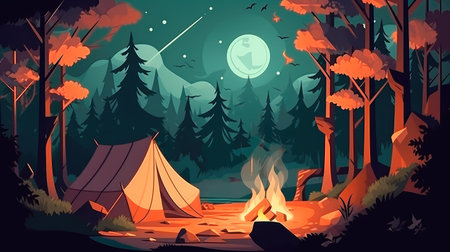 Concept illustration of a campsite with a tent and a campfire in the forest. Summer landscape in nature.の素材