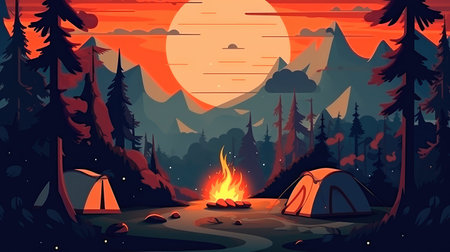 Concept illustration of a campsite with a tent and a campfire in the forest. Summer landscape in nature.の素材