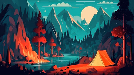 Concept illustration of a campsite with a tent and a campfire in the forest. Summer landscape in nature.の素材
