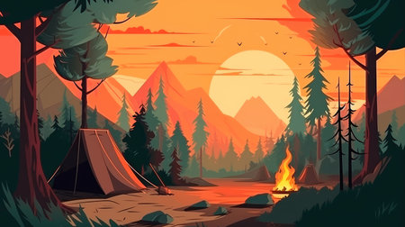 Concept illustration of a campsite with a tent and a campfire in the forest. Summer landscape in nature.の素材