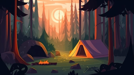 Concept illustration of a campsite with a tent and a campfire in the forest. Summer landscape in nature.の素材