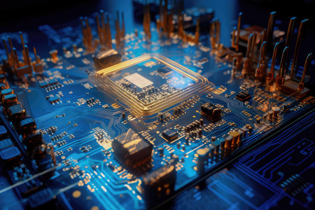 Concept illustration of an electrical printed circuit board. Multicore, gold and blue, super powerful. Generative AI.の素材