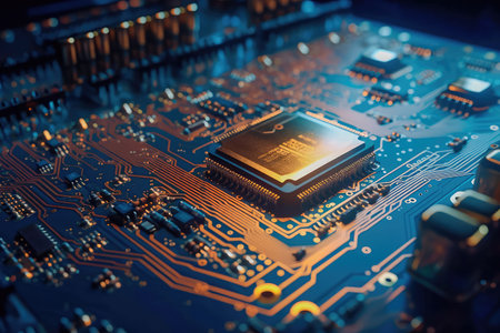Concept illustration of an electrical printed circuit board. Multicore, gold and blue, super powerful. Generative AI.の素材
