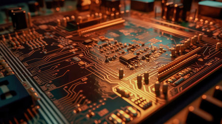 Concept illustration of an electrical printed circuit board. Multicore, gold and blue, super powerful. Generative AI.の素材