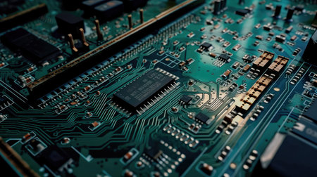 Concept illustration of an electrical printed circuit board. Multicore, gold and blue, super powerful. Generative AI.の素材