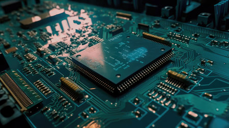Concept illustration of an electrical printed circuit board. Multicore, gold and blue, super powerful. Generative AI.の素材