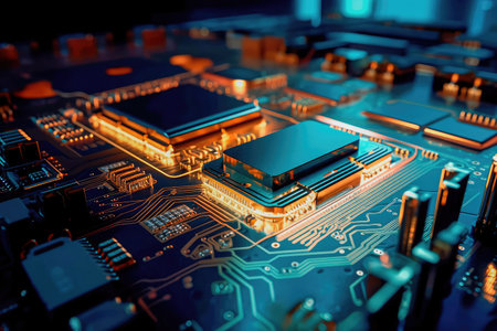 Concept illustration of an electrical printed circuit board. Multicore, gold and blue, super powerful. Generative AI.の素材