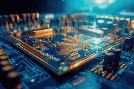 Concept illustration of an electrical printed circuit board. Multicore, gold and blue, super powerful. Generative AI.の素材