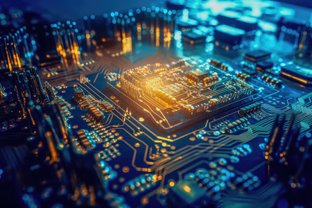 Concept illustration of an electrical printed circuit board. Multicore, gold and blue, super powerful. Generative AI.の素材