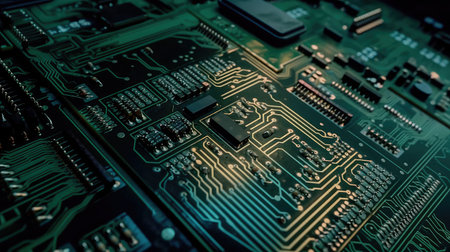 Concept illustration of an electrical printed circuit board. Multicore, gold and blue, super powerful. Generative AI.の素材