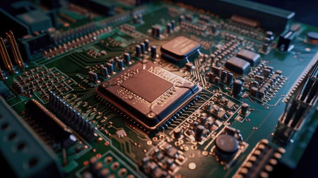 Concept illustration of an electrical printed circuit board. Multicore, gold and blue, super powerful. Generative AI.の素材