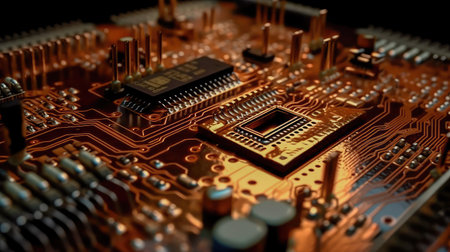 Concept illustration of an electrical printed circuit board. Multicore, gold and blue, super powerful. Generative AI.の素材
