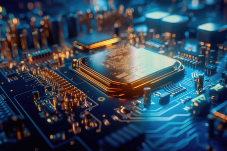 Concept illustration of an electrical printed circuit board. Multicore, gold and blue, super powerful. Generative AI.の素材